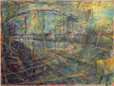 Stefan Lang: Blau Gelb - Szenerie mit Brücke